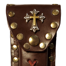 Load image into Gallery viewer, Leather Knife Case - Gold and Silver Cross (Medium Brown Leather)
