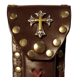 Leather Knife Case - Gold and Silver Cross (Medium Brown Leather)