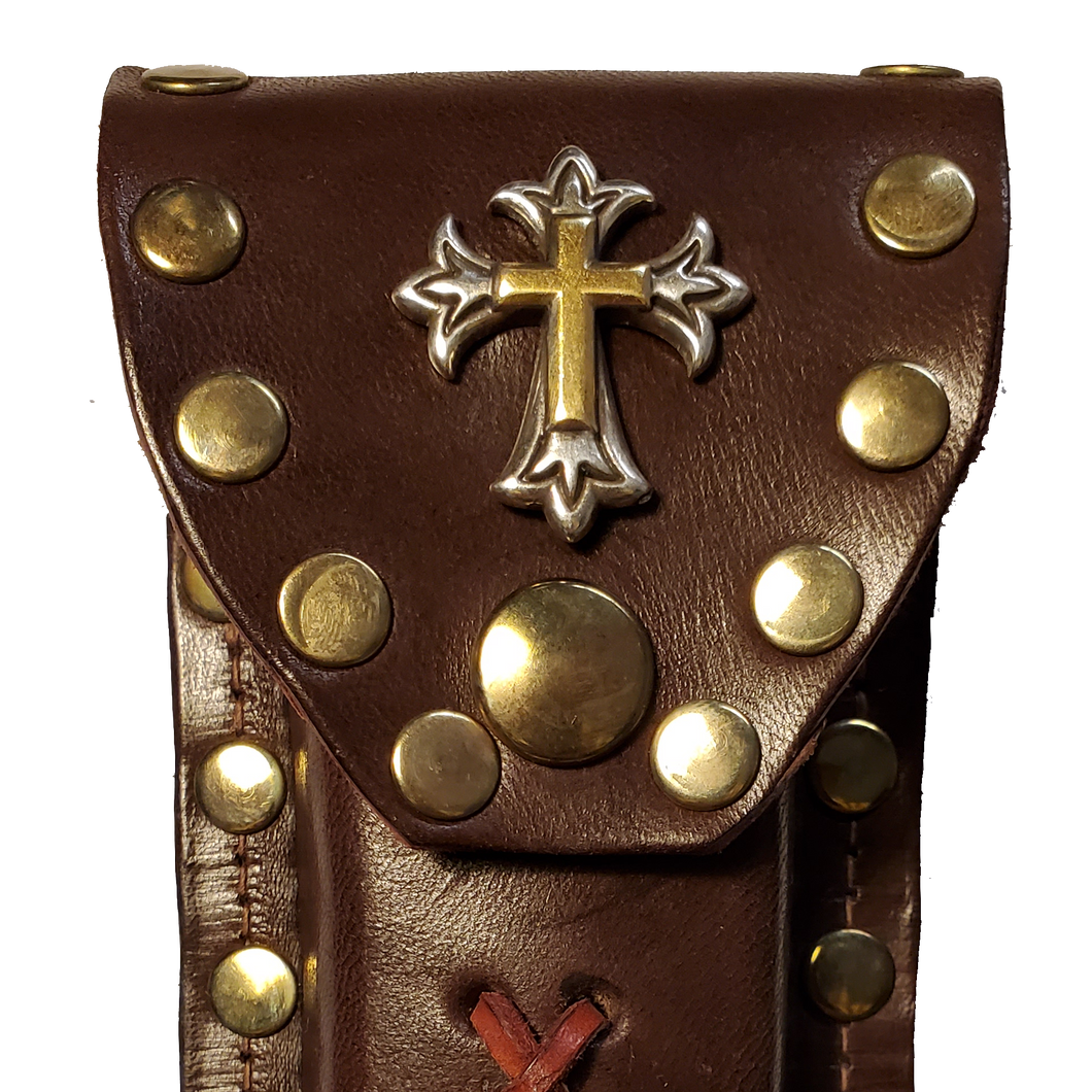 Leather Knife Case - Gold and Silver Cross (Medium Brown Leather)