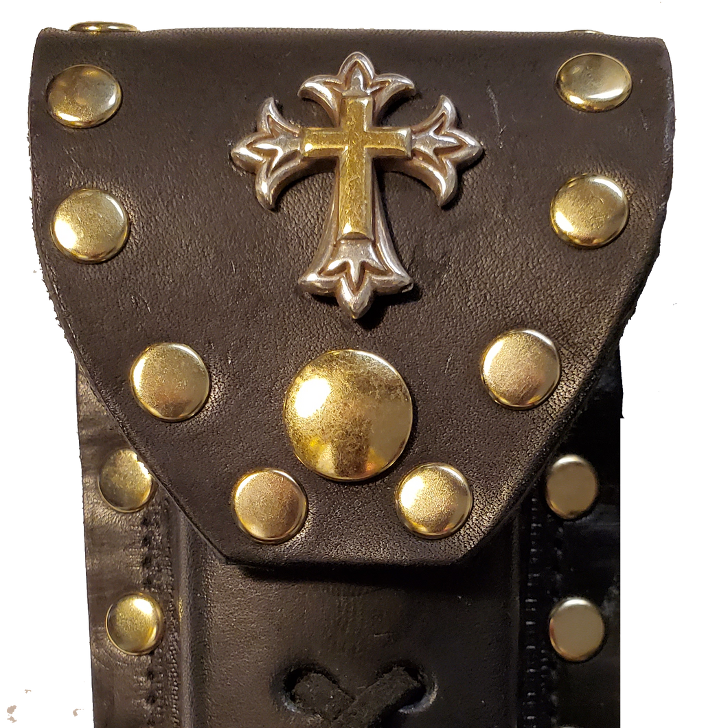 Buck 110 Leather Knife Case - Gold and Silver Cross