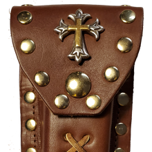 Load image into Gallery viewer, Leather Knife Case - Gold and Silver Cross (Light Brown Leather)
