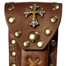 Load image into Gallery viewer, Leather Knife Case - Gold and Silver Cross (Light Brown Leather)