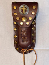 Load image into Gallery viewer, Buck 110 Leather Knife Case - Gold Cross with Silver Field (Medium Brown)