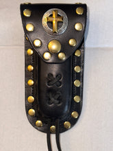 Load image into Gallery viewer, Buck 110 Leather Knife Case -  Gold Cross with Silver Field (Black)
