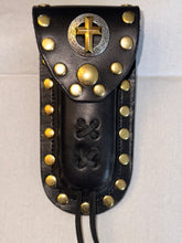 Load image into Gallery viewer, Buck 110 Leather Knife Case -  Gold Cross with Silver Field (Black)