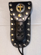 Load image into Gallery viewer, Buck 110 Leather Knife Case - Gold Cross with Silver Field (Black)