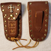 Load image into Gallery viewer, Leather Knife Case - Gold and Silver Cross (Light Brown Leather)
