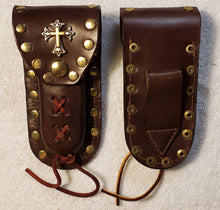 Load image into Gallery viewer, Leather Knife Case - Gold and Silver Cross (Medium Brown Leather)

