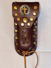 Load image into Gallery viewer, Buck 110 Leather Knife Case - Gold Cross with Silver Field (Medium Brown)

