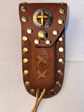 Load image into Gallery viewer, Buck 110 Leather Knife Case - Gold Cross with Silver Field (Light Brown)
