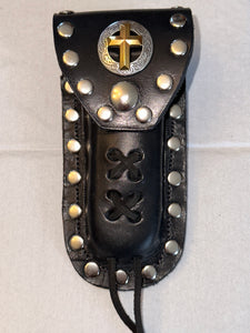 Buck 110 Leather Knife Case - Gold Cross with Silver Field (Black)
