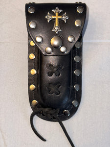 Buck 110 Leather Knife Case - Gold and Silver Cross (Black)